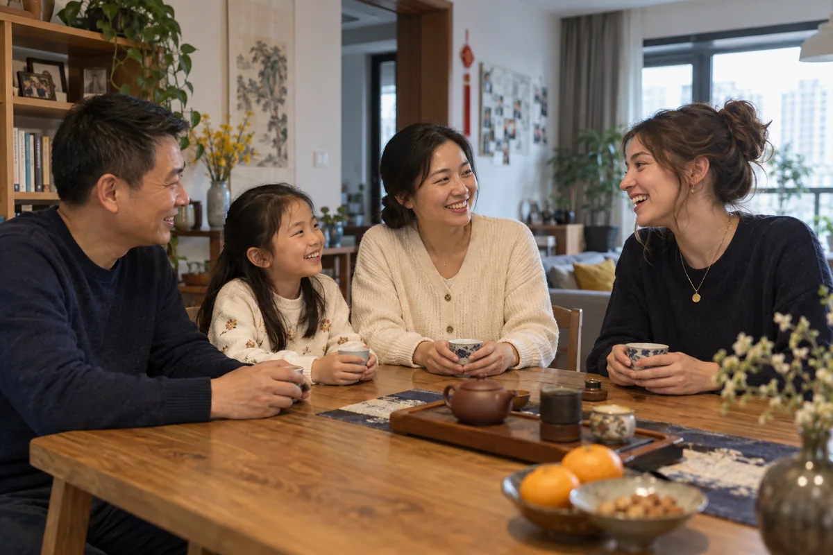 A Chinese family sharing daily life with an international guest